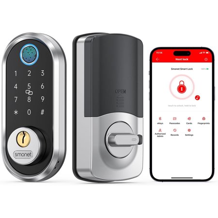 Smart Lock, SMONET Keyless Entry Door Lock, Fingerprint Door Lock, Electronic Keypad Deadbolt with Keys, Biometric Smart Locks for Front Door, Auto Lock, Anti-Peeking Password Silver