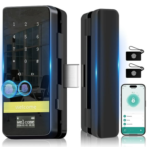 Smart Glass Door Lock,8 in 1 Keyless Entry Fingerprint Deadbolt with App Control,Electronic Deadbolt for Glass Door with Frame,Smart Lock for Glass Front Door/Patio Door/Commercial Glass Door