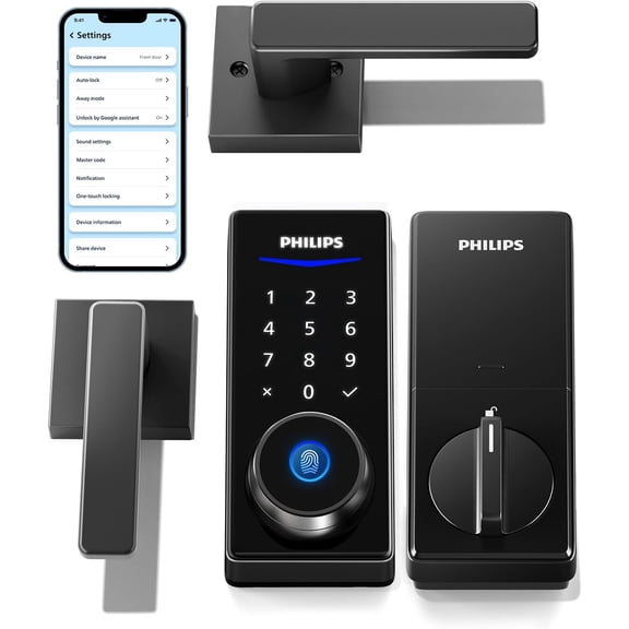 Smart Lock with Handles, Keyless Entry Door Set, 2 Level Digital Keypad Deadbolt for Front Door, App Fingerprint PIN Code Unlocking, Auto Locking
