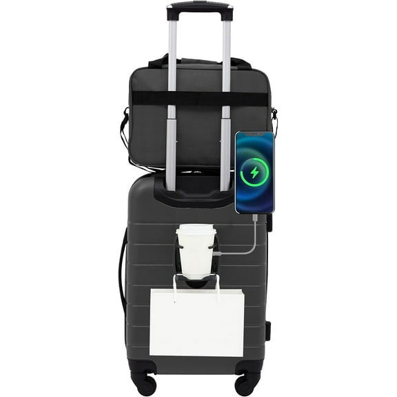 Smart Luggage Set with Cup Holder and USB Port, Dark Shadow, 2 Piece