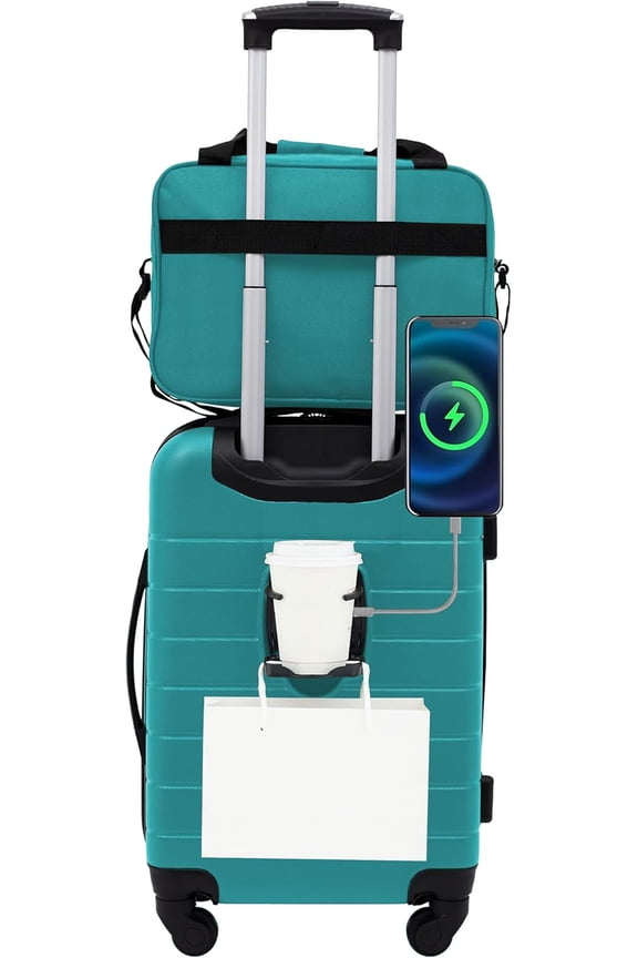 Smart Luggage Set with Cup Holder and USB Port, Teal, 2 Piece
