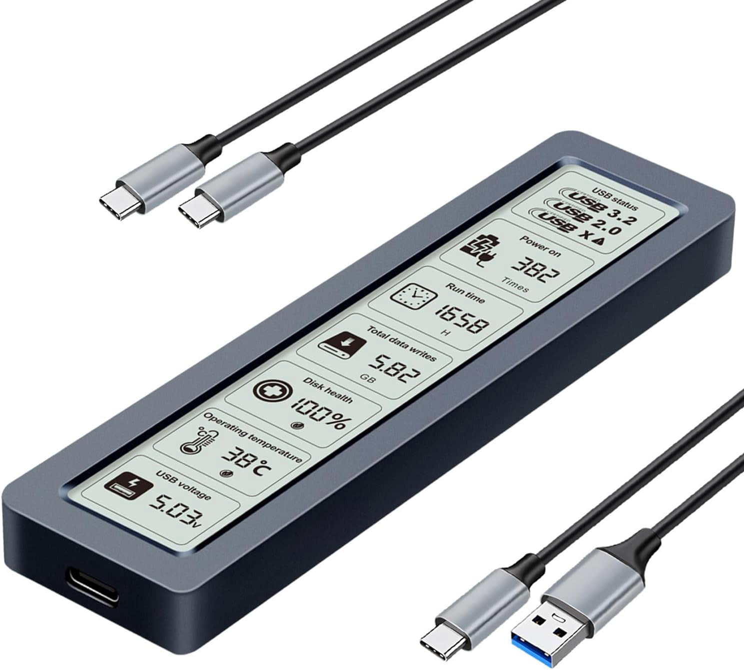 Smart M.2 NVMe SSD Enclosure with LCD Screen – 10Gbps USB 3.2 Gen2, Real-Time Health Monitoring, Tool-Free Installation, Heat Dissipation for NVMe PCIe 2230/2242/2260/2280 up to 4TB