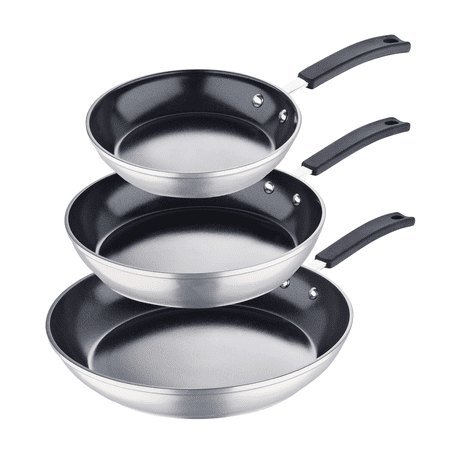 Smart by MasterPRO - 3 Pc, 8", 10" & 12" Forged Aluminum Nesting Fry Pan Set with Ceramic Non Toxic Non Stick Interior, 3 Pieces, 8 Inches, 10 Inches, 12 Inches, Polished