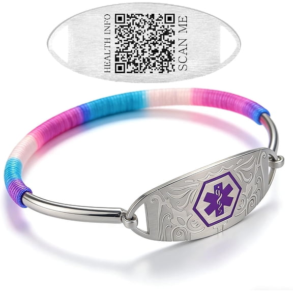 Smart Medical Alert Culf Bracelet with Dynamic QR Code, Adjustable Stainless Steel Emergency ID Wristband, Scan to Access Health Information, Purple Medical Symbol, No Engraving Needed