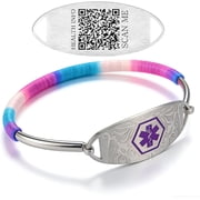Smart Medical Alert Culf Bracelet with Dynamic QR Code, Adjustable Stainless Steel Emergency ID Wristband, Scan to Access Health Information, Purple Medical Symbol, No Engraving Needed