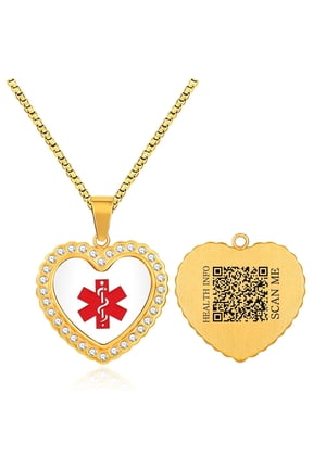Smart Medical Alert Necklace for Women Dynamic QR Code Heart Pendant 18K Gold Plated Stainless Steel Emergency ID Jewelry with Red Medical Symbol, Scan to Update Health Info, No Engraving Required
