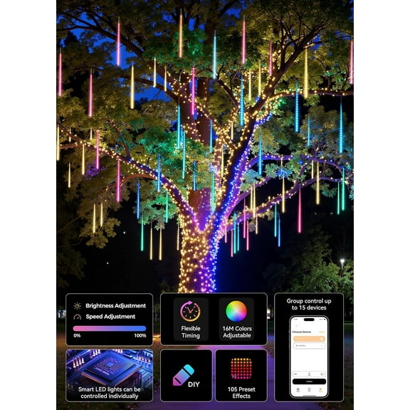 Smart Meteor Shower Lights Outdoor, 16Tube 256LED 24.6ft Color Changing Dripping Icicle Christmas Lights for Outdoor Outside, APP Controlled RGB Customize Display Dynamic Lighting Effec
