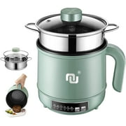 Smart Mini Hot Pot with Timer and Automatic Shut Off 1.2L Non-Stick Rapid Noodle Cooker w Stainless Steel Steamer Basket 600W Quick Cook 5 Cooking Modes for Soup, Rice (1cup) , Porridge, Pasta Great f