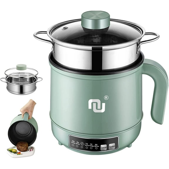 Smart Mini Hot Pot with Timer and Automatic Shut Off 1.2L Non-Stick Rapid Noodle Cooker w Stainless Steel Steamer Basket 600W Quick Cook 5 Cooking Modes for Soup, Rice (1cup) , Porridge, Pasta Great f
