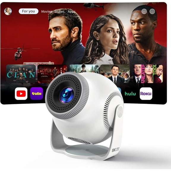 Smart Mini Projector with Android 14 OS, 1080P/4K/8K Video Decoding, WiFi 6 & Bluetooth 5.4, 270 Rotatable Stand, Auto Vertical Keystone, Portable Proyector for Bedroom Home Entertainment(White)