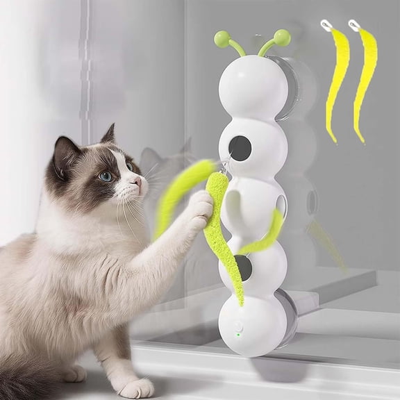 Smart Motion Activated Cat Toy, Interactive Electric Caterpillar Teaser with Suction Cup, Automatic Feather and Worm Hide and Seek Toy for Indoor Cats, USB