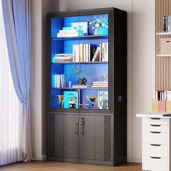 Smart Motion-Sensing Bookcase with Auto LED Lighting, Secure Locking Glass Doors & 4 Adjustable Storage Shelves, Premium Wood Bookcase for Home Office, Study Room & Living Space