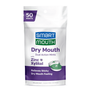 Smart Mouth Dry Mouth Dual Action Mints with Zinc + Xylitol Mellow Mint - 50 Count, Adult