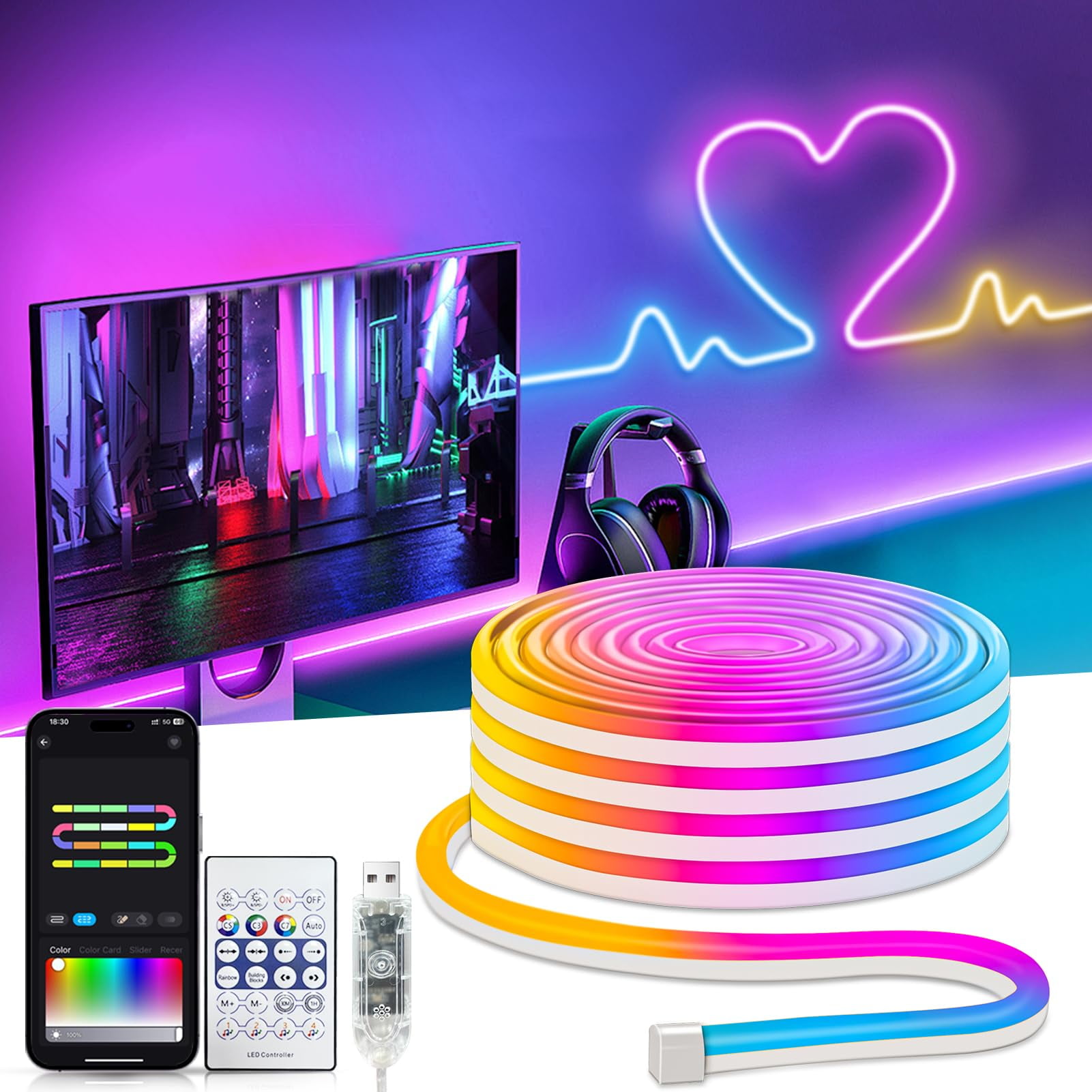 Smart Neon Rope Lights USB, 16.4Ft LED Rope Lights IC & RGB Color ...