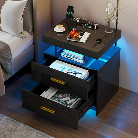 Smart Night Stand with Charging Station, Modern Black Nightstand with 24 Color Lights and 2 Drawers, LED Bedside Tables with Auto Senor,High Gloss End Side Table for Bedroom
