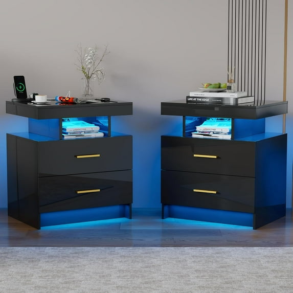 Smart Night Stand Set of 2 with Charging Station, Modern Black Nightstand with 24 Color Lights and 2 Drawers, LED Bedside Tables with Auto Senor,High Gloss End Side Table for Bedroom
