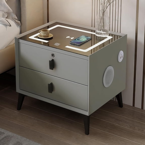 Smart Nightstand with Charging Station, Adjustable LED, Bluetooth Speaker, USB Ports, Fingerprint Lock, Bed Side Tables Bedroom Nightstand with Drawers for Bedroom (Light Grey, 2-Drawer)