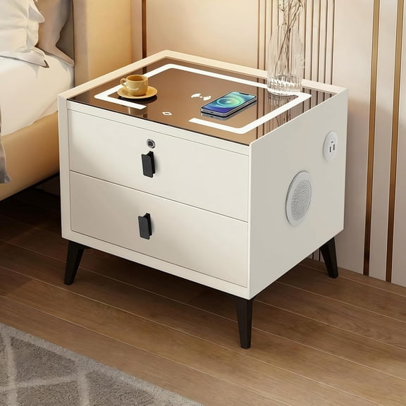 Smart Nightstand with Charging Station, Adjustable LED, Bluetooth Speaker, USB Ports, Fingerprint Lock, Bed Side Tables Bedroom Nightstand with Drawers for Bedroom (White, 2-Drawer)