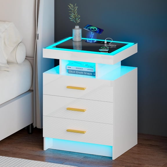 Smart Nightstand with Charging Station, LED Bedside Table with 3 Drawers, 3 Color Dimmable Light High Gloss Smart Night Stand with USB Type-C Port Bedroom White