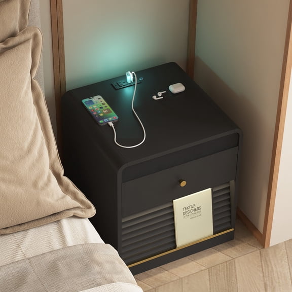 Smart Nightstand with Charging Station and LED Night Light, Wood Particle Board Bedside Table with Storage Cabinet, USB Ports and Outlet, for Bedroom Small Space.