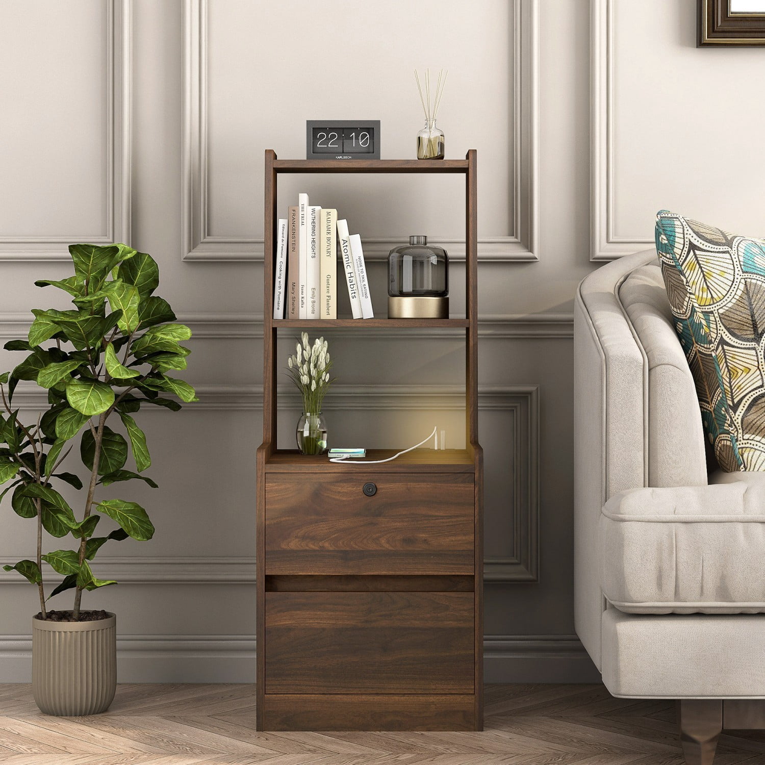 Smart Nightstand with Charging Station and Voice Control Night Light, Modern Bedside Table with Storage Cabinet and Bookshelf, Brown Night Stand for Bedroom, Living Room