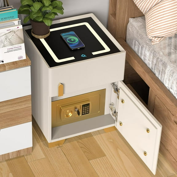 Smart Nightstand with Drawer and Safe, Nightstand with Wireless Charging, Smart Bedside Tables, LED Night Stand Modern Night Table with Strongbox for Bedroom,Office.
