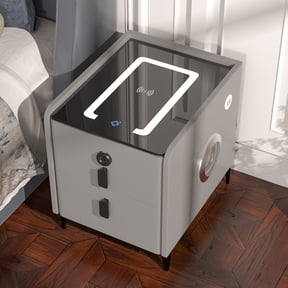 Smart Nightstand with Fingerprint Lock -12" W16" D18" H Solid Wood Bedside Table with Wireless Charging and LED Lights, Narrow End Table with Tempered Glass Top,Leather Nightstand with Drawers,