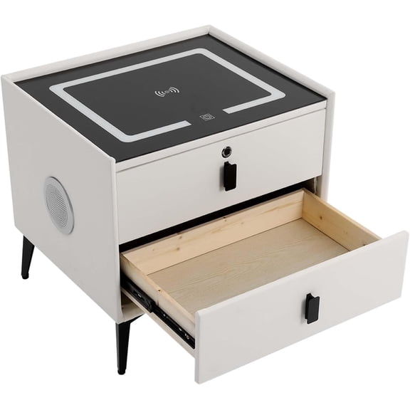 Smart Nightstand with Fingerprint Lock, 2 Drawer Modern Smart Beside Table with Wireless Charging, 2 USB Ports & LED Lights, Bluetooth Speaker for Bedroom/Living Room (White)