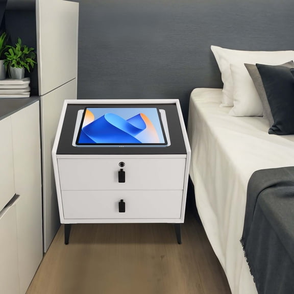 Smart Nightstand, Nightstands, Wireless Charging Bedside Table with Fingerprint Lock Drawer, Built-in USB Port, LED Touch Light, 3 Color Temperatures, 50x46x40cm, White, for Bedroom Living Room