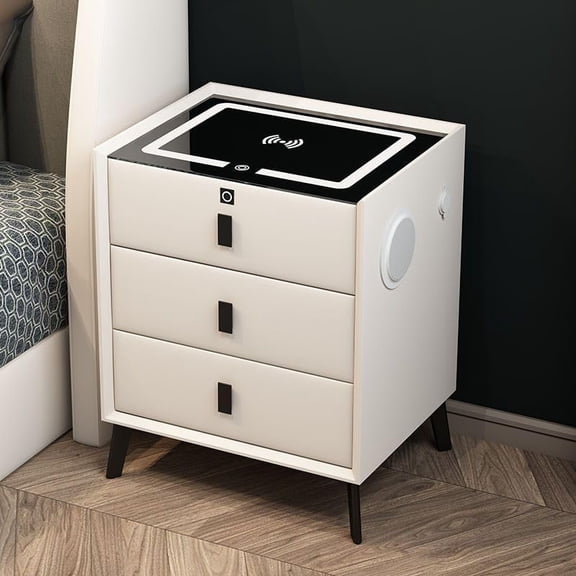 Smart Nightstand with Wireless Charging & Fingerprint Lock, 3-Drawer Bluetooth Speaker Bedside Table with Adjustable LED Lights & USB Port, 110LBS Capacity,Beige White
