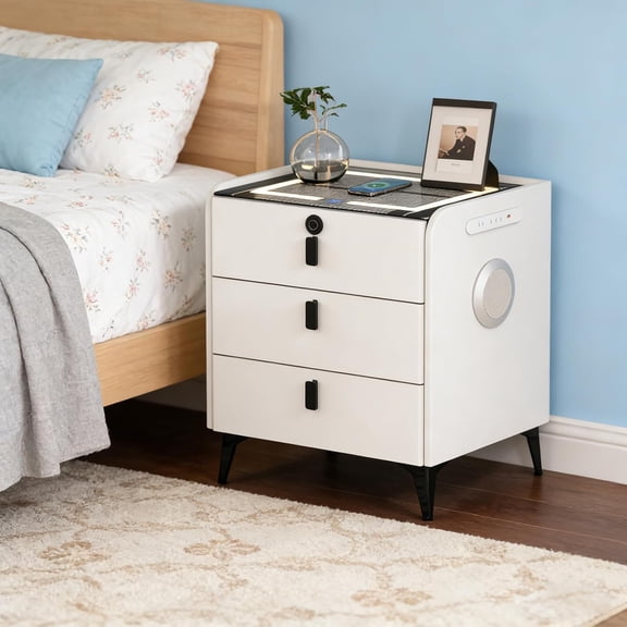 Smart Nightstand with Wireless Charging, Nightstand with Fingerprint Lock Drawer, Night Stand with Charging Station,2 USB, LED Lights Bluetooth Speaker Side Table for Bedroom/Living Room (White)