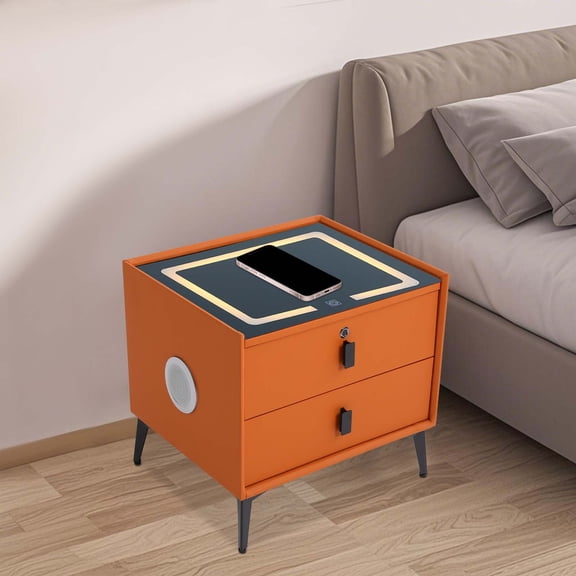 Smart Nightstand w/Fingerprint Lock Drawers, Smart Bedside Table w/USB Charging Station LED Three-Color Light, Speaker, Minimalist New Solid Wood Night Stand for Bedroom (Orange)