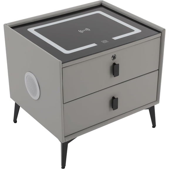 Smart Nightstand w/Fingerprint Lock Drawers, Smart Bedside Table w/USB Charging Station & LED Three-Color Light, Speaker, Minimalist New Solid Wood Night Stand for Bedroom (Light Grey)