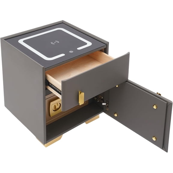 Smart Nightstand w/Safe ＆ Combination Lock, Smart Bedside Table w/USB Charging Station ＆ LED Three-Color Light, Minimalist New Solid Wood Night Stand for Bedroom (Dark Grey2)