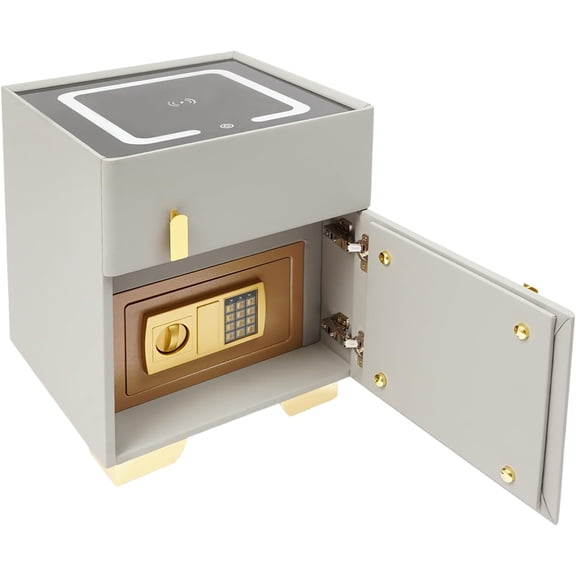 Smart Nightstand w/Safe & Combination Lock, Smart Bedside Table w/USB Charging Station & LED Three-Color Light, Minimalist New Solid Wood Night Stand for Bedroom (Light Grey)