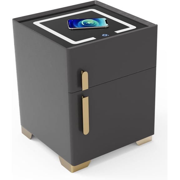 Smart Nightstand with Drawer and Safe,with Nightstand Wireless Charging, Solid Wood Night Stand for Bedroom,Office (Dark Gray)