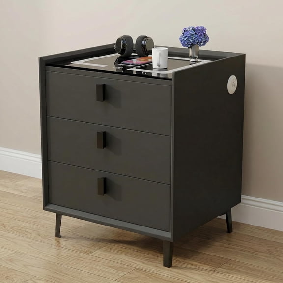 Smart Nightstand with Wireless Charging Station and LED Light, 3 Drawers, Glass Top Bedside Table with USB Ports