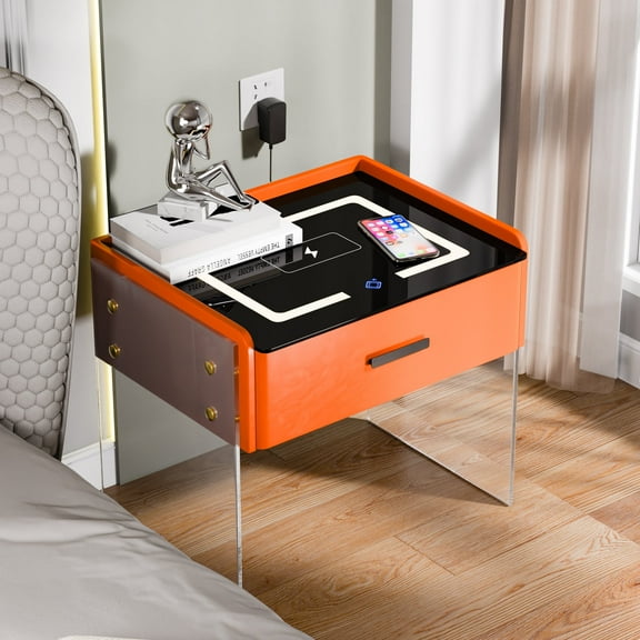 Smart Nightstands with Wireless Charging Station,with 3 Color LED Lights and Speaker, Modern End Side Table