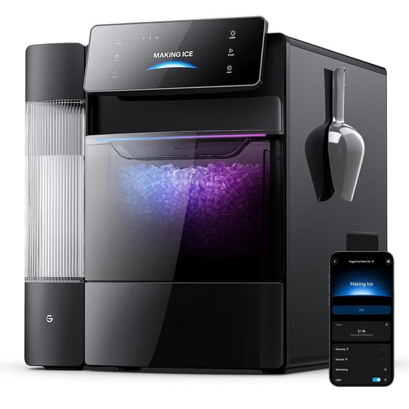 Smart Nugget Ice Maker Pro, 60lbs Daily, 6-Minute First Ice, 40dB Ultra-Quiet with AI NoiseGuard, App & Voice Control, Self-Clean, 3.5lbs Basket & Dual Water Tanks, for Home Kitchen, Party