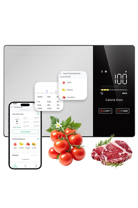 Smart Nutrition Food Scale with LED Touch Display, Tracks Calories, Fat, Carbs & Protein via App, 0.01oz Precision Digital Kitchen Scale for Healthy Eating & Meal Prep(batteries Not included)