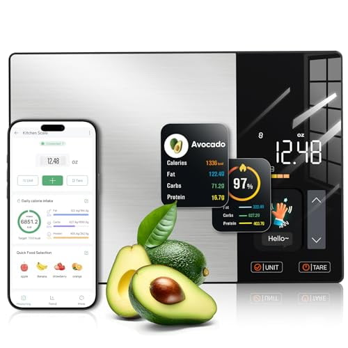Smart Nutrition Food Scale with TFT Display, Tracks Calories, Fat, Carbs & Protein, Works with App for Daily Reports, 50 Built-in Foods, 23 Nutrients, Digital Kitchen Scale for Meal Prep
