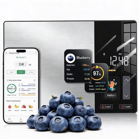 Smart Nutrition Food Scale with TFT Display, Tracks Calories, Fat, Carbs & Protein, Works with App for Daily Reports, 50 Built-in Foods, 23 Nutrients, Digital Kitchen Scale for Meal Prep