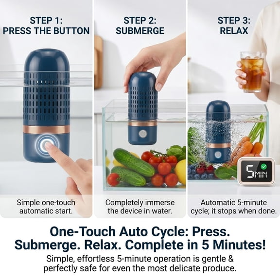Smart One-button Food Purification Machine, Dual Titanium Electrolysis Design, Lightweight Rechargeable Washer for Various Ingredients
