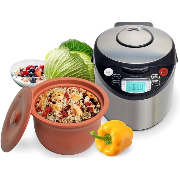 Smart Organic Clay Pot Multi Cooker - Toxin Free Clay Rice Cooker, Delay Start Slow Cooker, Stew Cooker, Electric Soup Pot, Yogurt Maker, with Natural Earthen Clay Crock, 8 Cup / 4.2-Quart