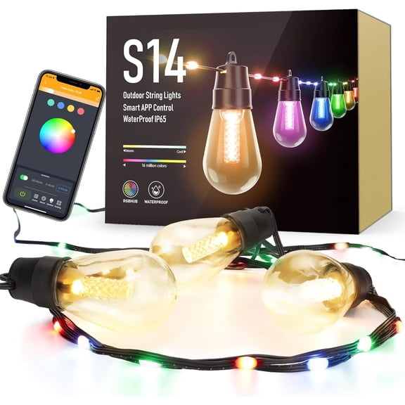 Smart Outdoor Patio Lights - 46ft Smart S14 Christmas String Lights, Waterproof Shatterproof Bluetooth APP Remote Control Dimmable for Balcony, Backyard, Party, Holiday (RGB & Warm White)