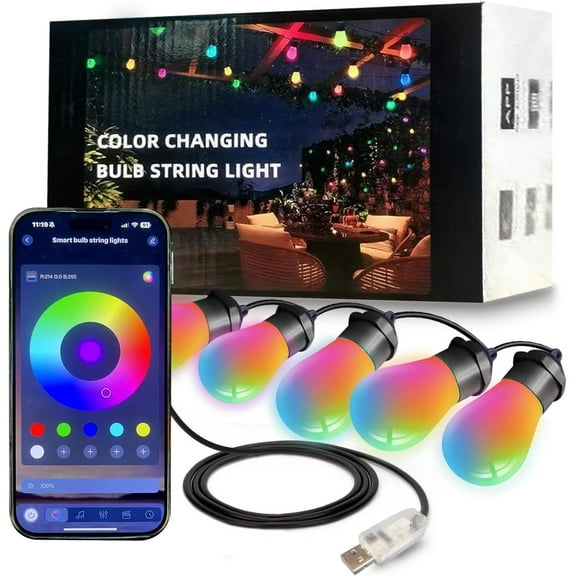 Smart Outdoor String Lights, 36FT Outdoor Lights with 15 Dimmable RGB LED Bulbs, Color Changing 213 Scene Modes for Patio, Backyard, Garden,Balcony, Camping,Waterproof,Remote/APP Control,USB