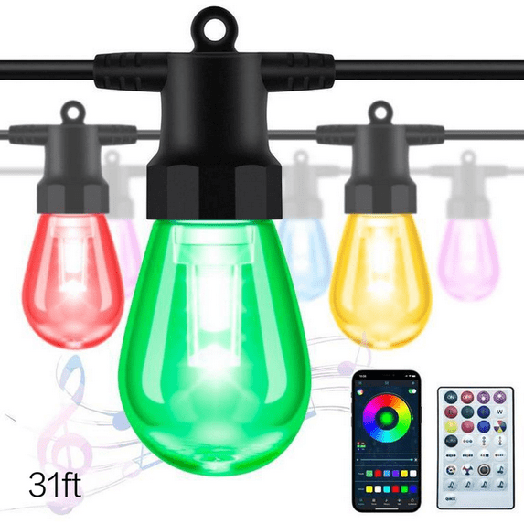 Smart Outdoor String Lights, Outdoor Lights with 20 Dimmable LED Bulbs, IP65 Waterproof, Color Changing Warm White Lights for Patio, Backyard, App Control, Solar Power
