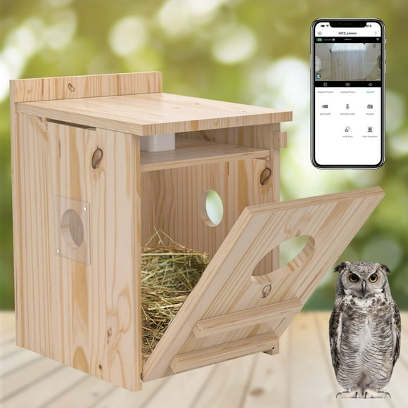 Smart Owl House with Camera, Outdoor Hanging Natural Wooden Owl Nesting Box, Solar Powered, Real-time Viewing and Motion Detection, Includes Mounting Screws, Easy to Assemble