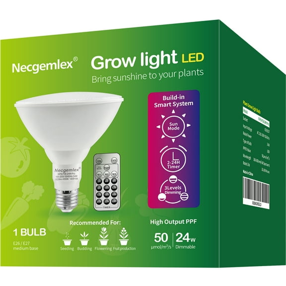 Smart PAR38 LED Grow Light Bulb - Dimmable, Sun Mode Dimming, Auto On/Off Timer, Remote Control - Full Spectrum for Indoor Plant Growth - Mimics Real Sunshine