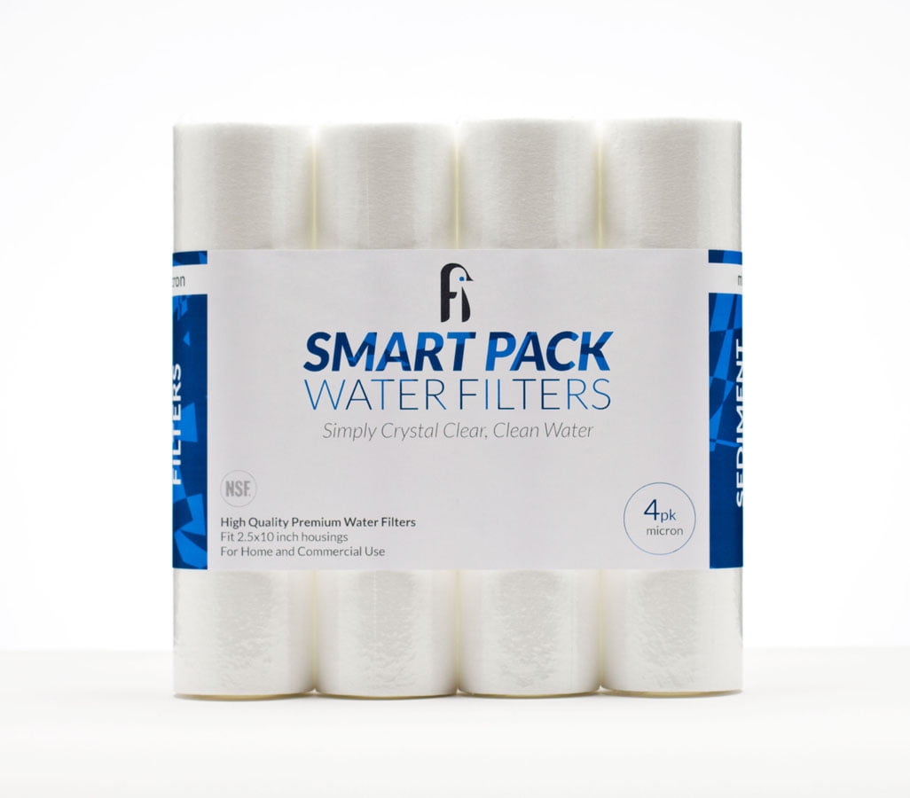 Smart Pack 10 Micron NSF Sediment Water Filter For RO, DI, Whole House, Ice Machine - Universal Size 2.5" x 10", 4 Pack